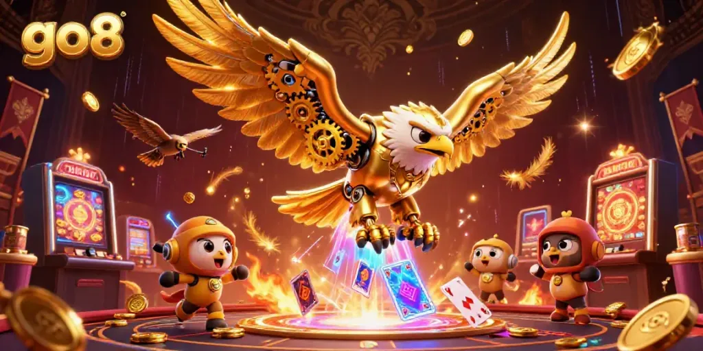 Experience the thrill of go8 gaming with dynamic casino action featuring a golden eagle and holographic symbols.