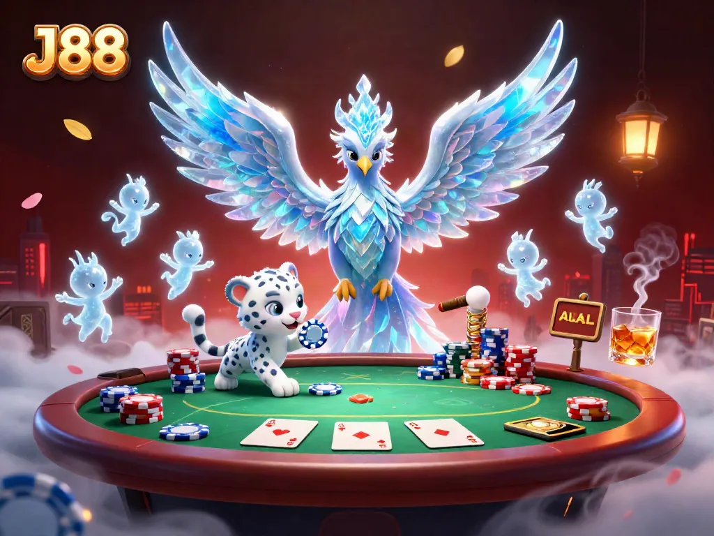 Engage with J88, where a magical ice phoenix and snow leopard bring the thrill of poker to life.