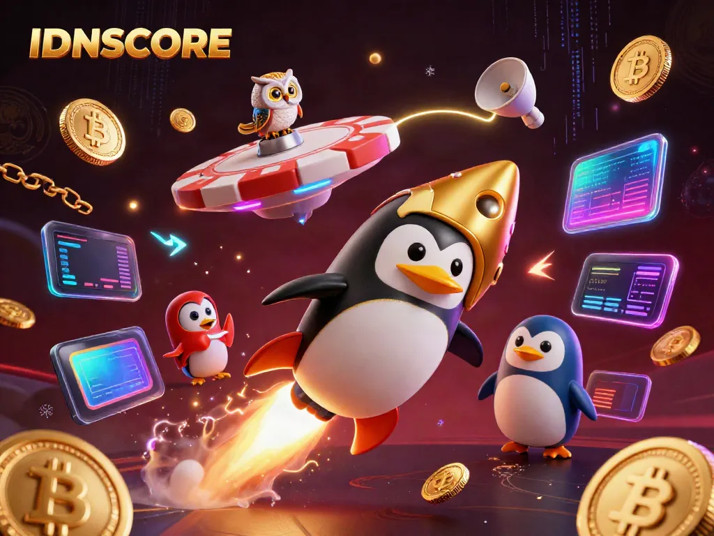 Engage with IDNSCORE as a golden penguin flies towards a casino space station, surrounded by crypto elements.