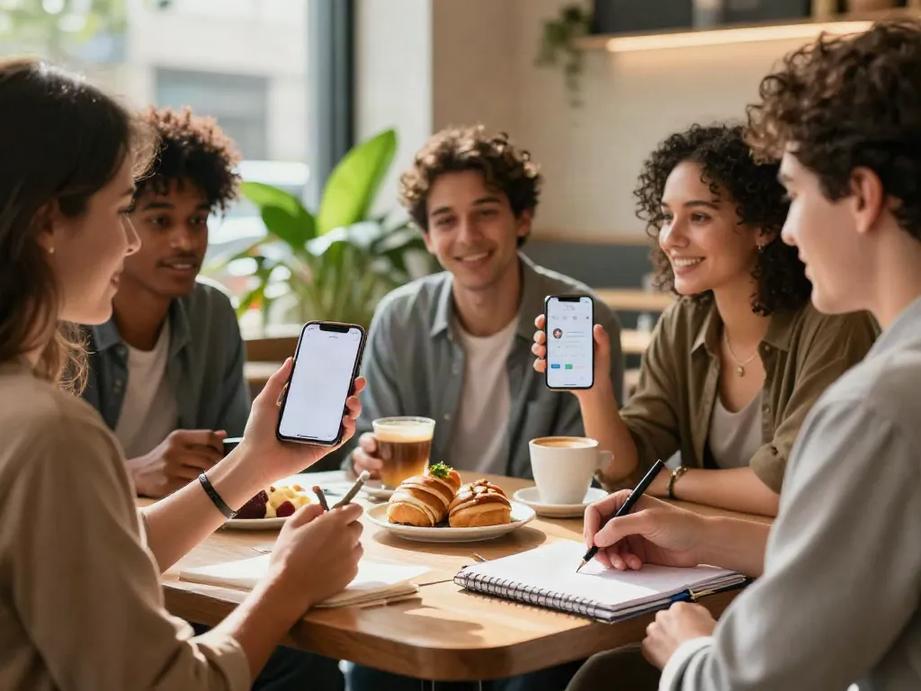 Group discussing alternatives to QOVES at a chic café.