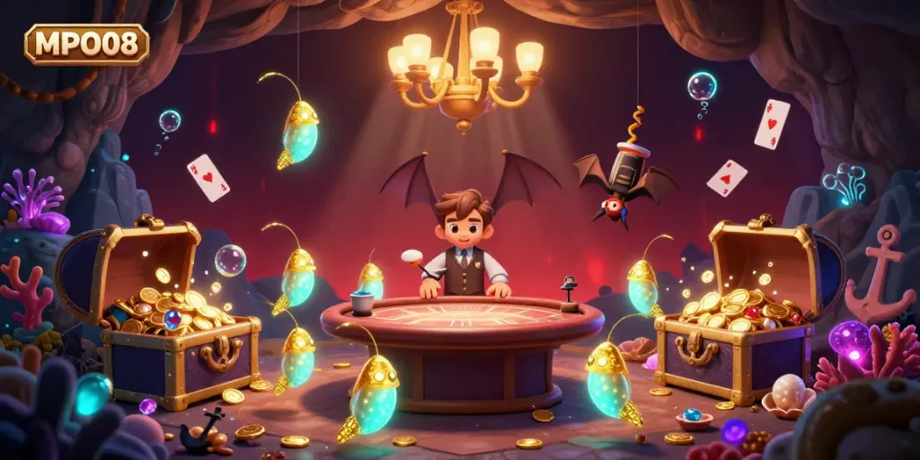 MPO08 offers an enchanting casino scene illuminated by glowworms and a bat dealer for immersive gameplay.