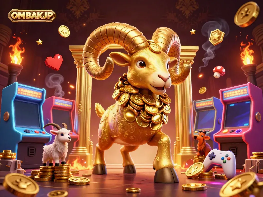 Experience thrilling gameplay with OMBAKJP in a vibrant arcade-casino scene featuring a charging golden ram.
