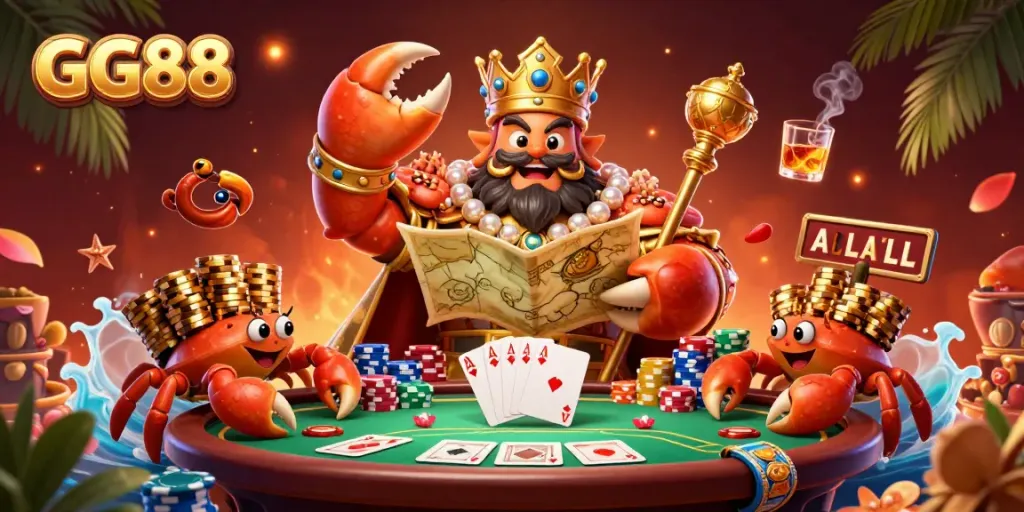 GG88 showcases a vibrant golden crab emperor presiding over a poker scene, filled with colorful chips and community cards.