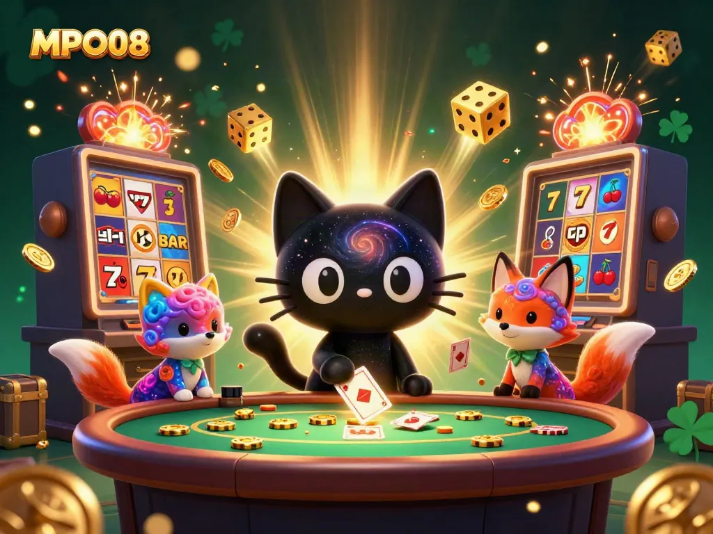 Experience thrilling gambling with MPO08's cosmic casino featuring a black hole cat and nebula fox.