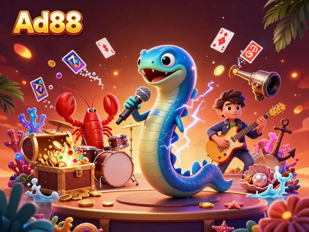 Experience thrilling underwater gambling with Ad88's vibrant casino scene featuring whimsical characters.