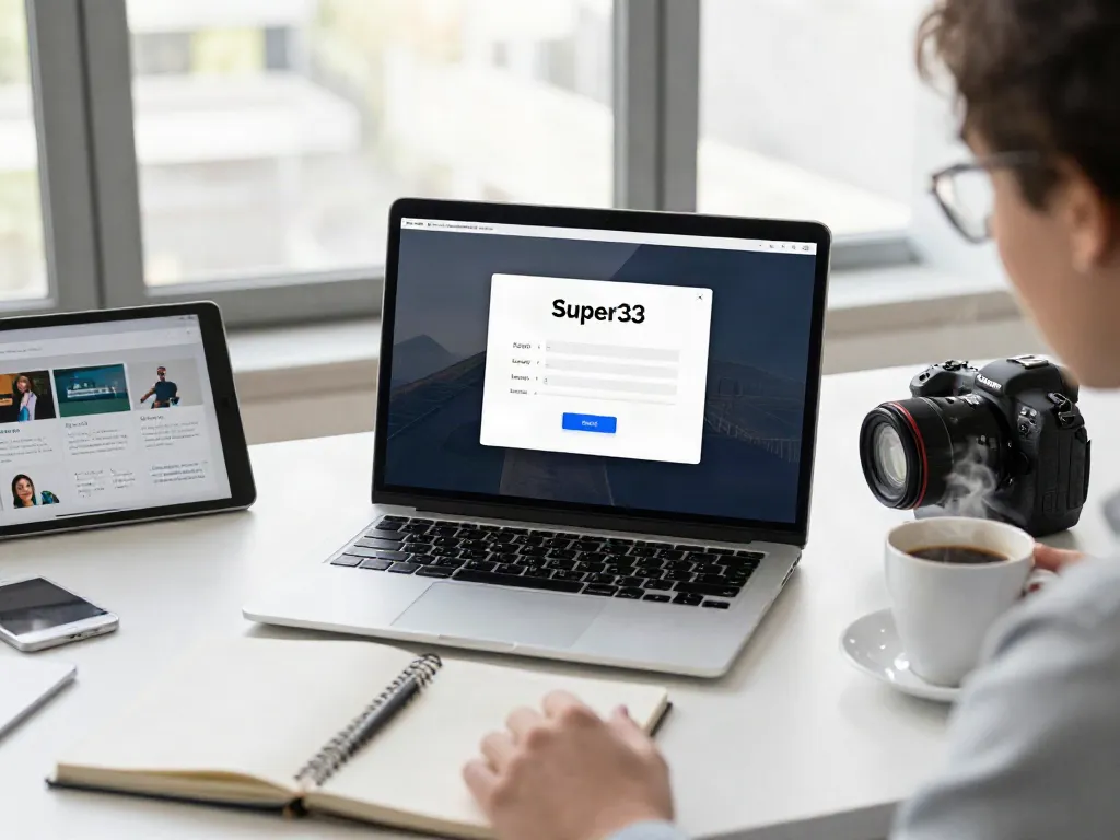 Engaging scene of Super33 login process in a modern workspace with tech gadgets.