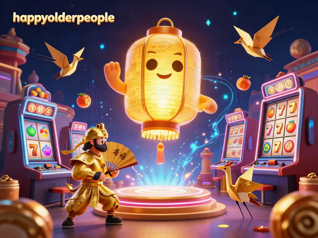 Win big with happyolderpeople's thrilling slot games, vibrant 3D elements in neon glow.
