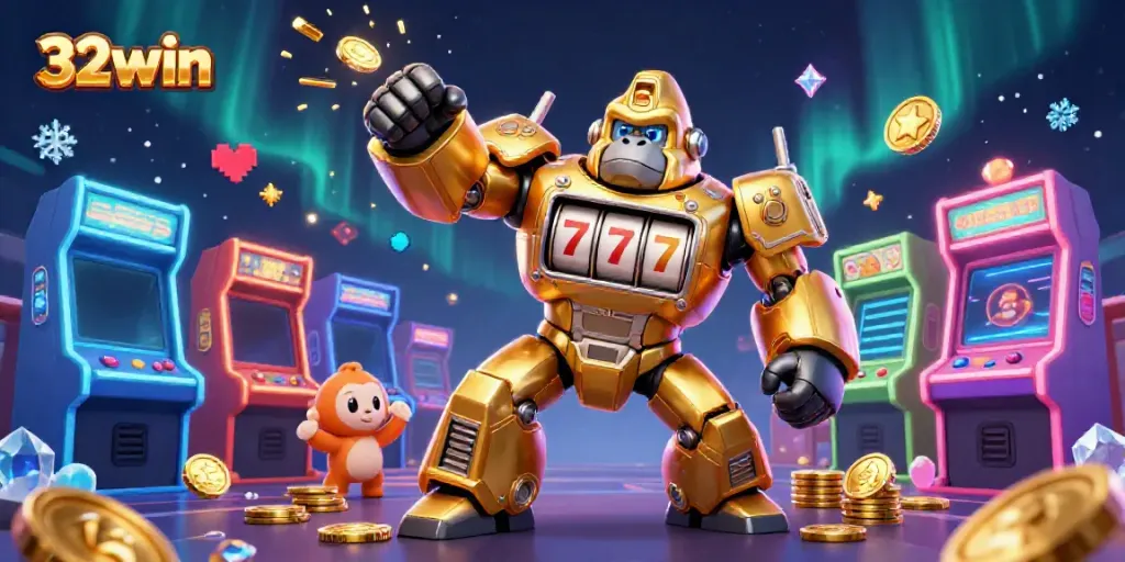 Experience thrilling gameplay with the unique 32win gorilla mech in this vibrant casino illustration.