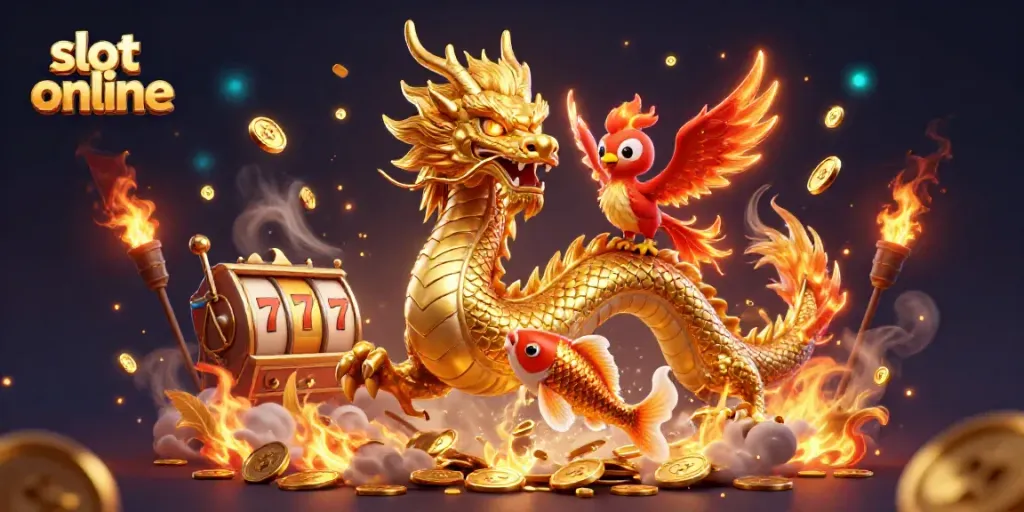 Bermain slot online dengan naga emas, phoenix merah, dan koi emas melompat di atas koin.