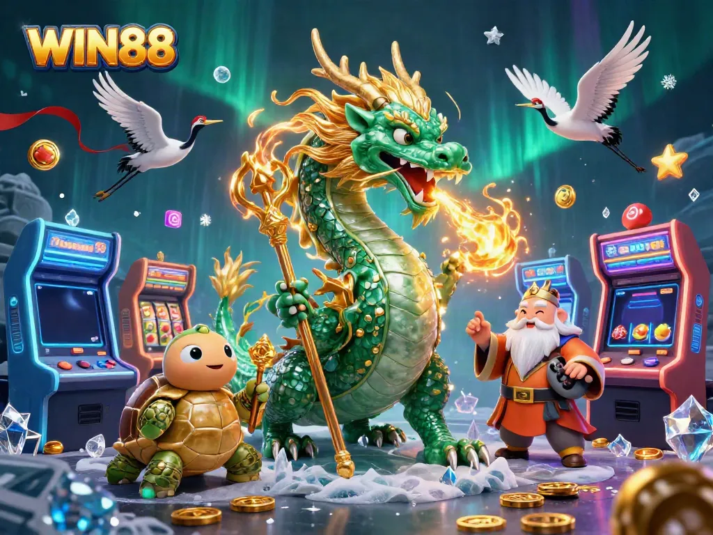 Experience WIN88 casino thrills with a vibrant 3D dragon and arcade atmosphere