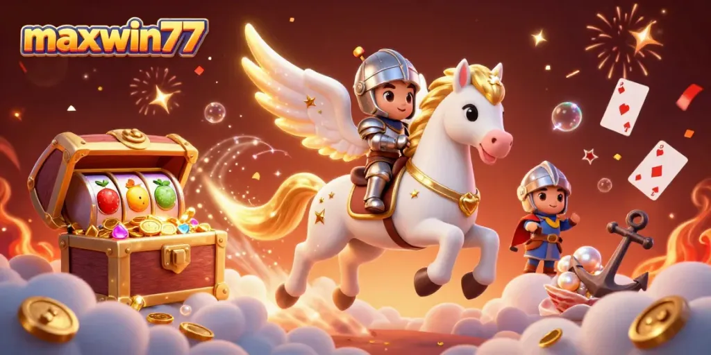 Experience maxwin77 with a thrilling encounter of slot games featuring a celestial horse and knight in a vibrant casino scene.