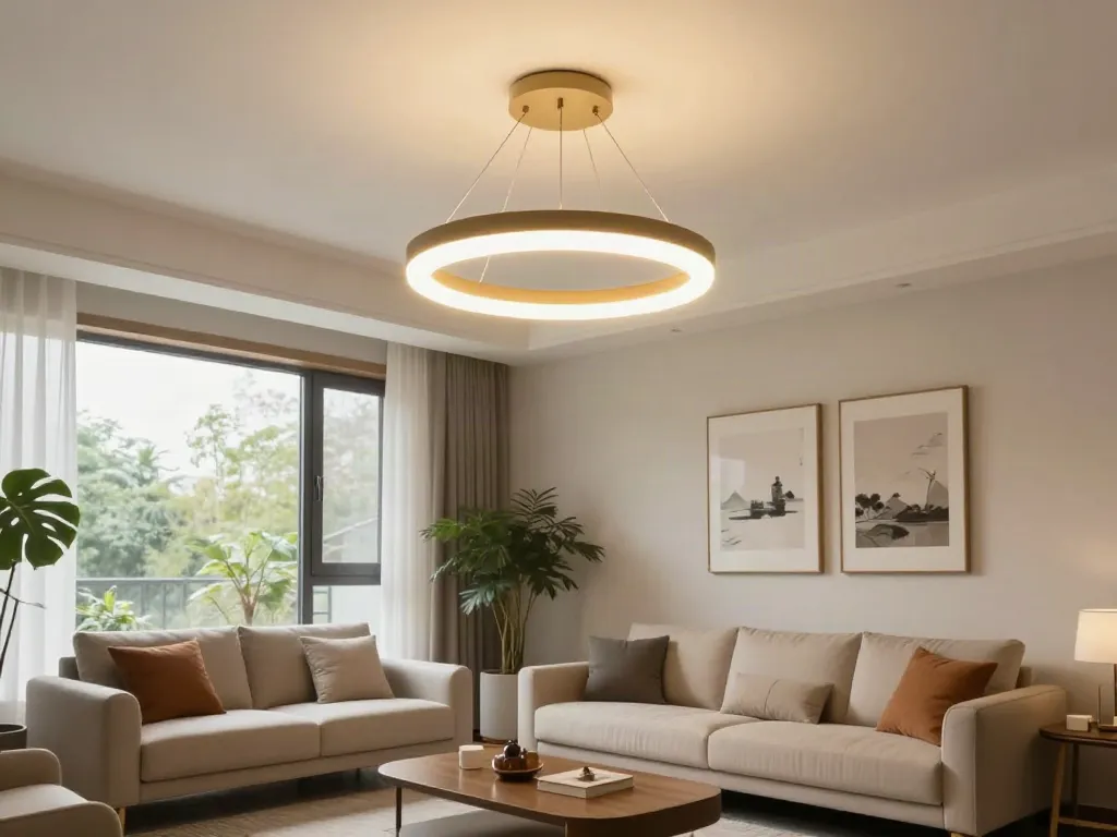 Lustre LED moderne într-un decor de living primitor, lumină caldă, atmosferă elegantă.
