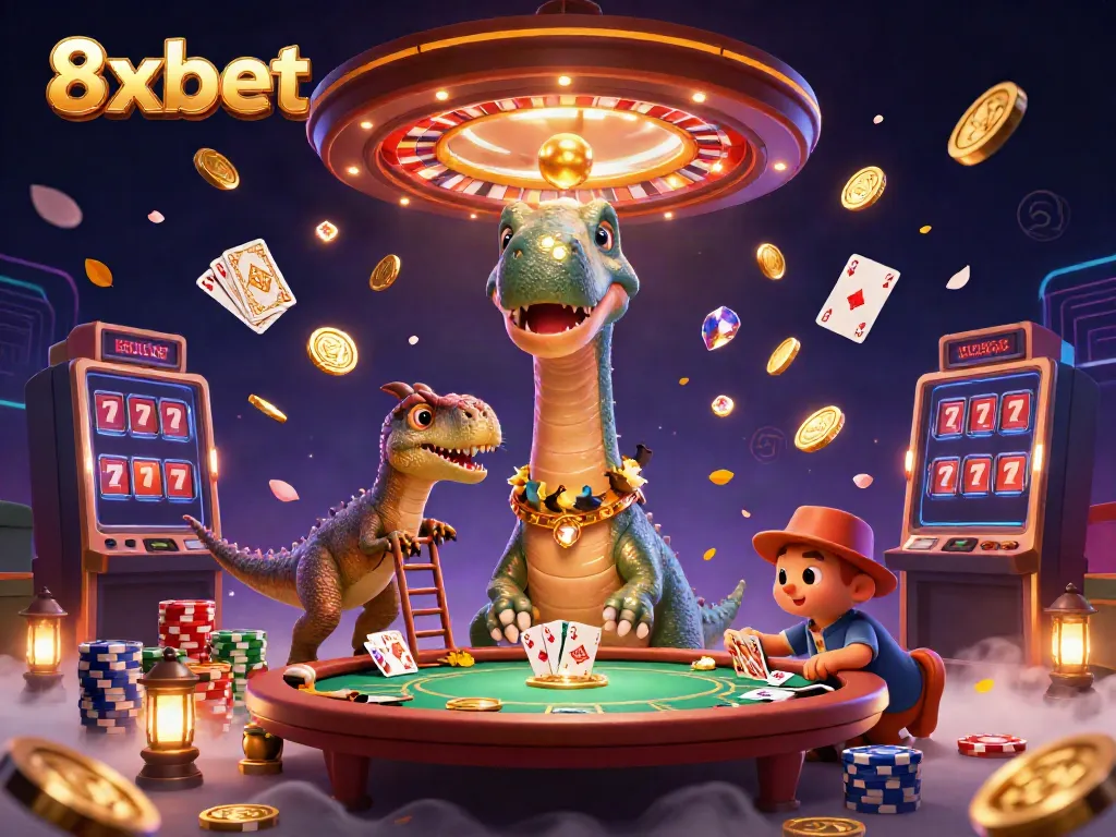 Experience the excitement of 8xbet with vibrant characters in a lively casino scene, surrounded by action and games.