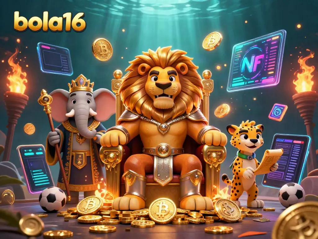 Experience thrilling sports betting action with bola16 in this vibrant illustration featuring a lion king, elephant advisor, and cheetah.
