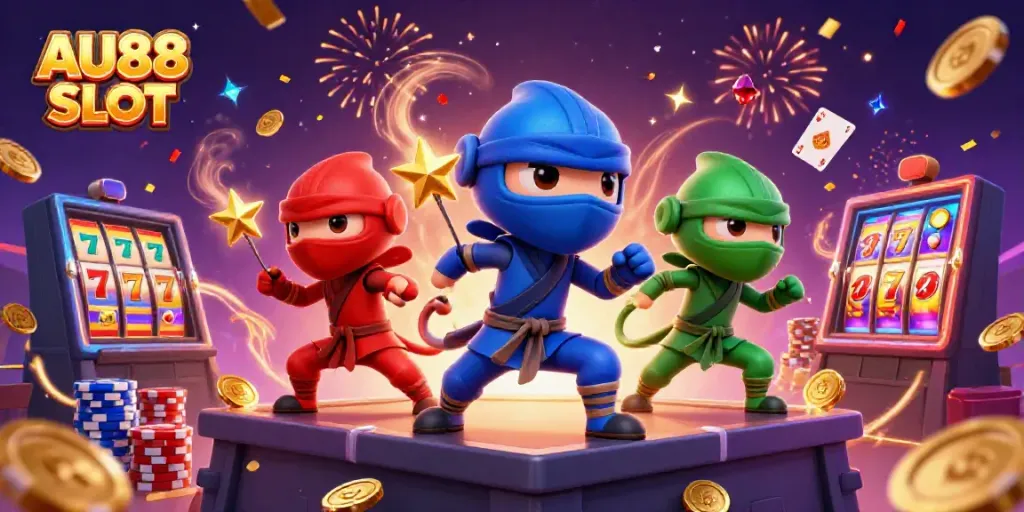 Experience the thrill of AU88 SLOT with a colorful ninja chameleon team amidst vibrant casino elements.