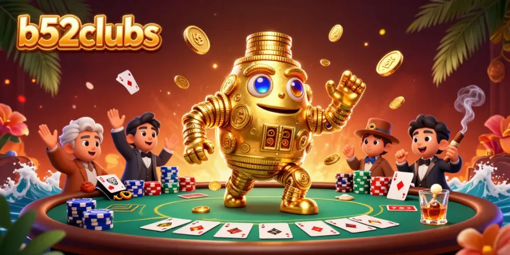 Experience thrilling casino excitement with b52clubs in this vibrant 3D illustration featuring a golden golem and poker elements.