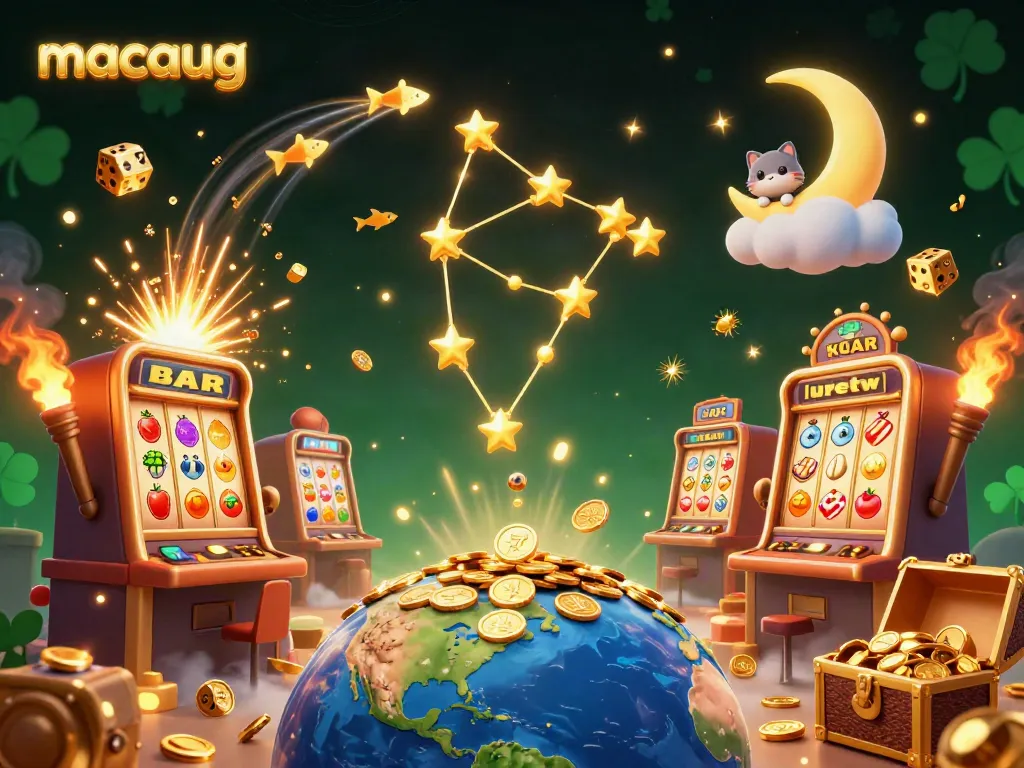 Engage with macaugg's captivating slots as the constellation bear reaches for golden coins amidst a vibrant casino world.
