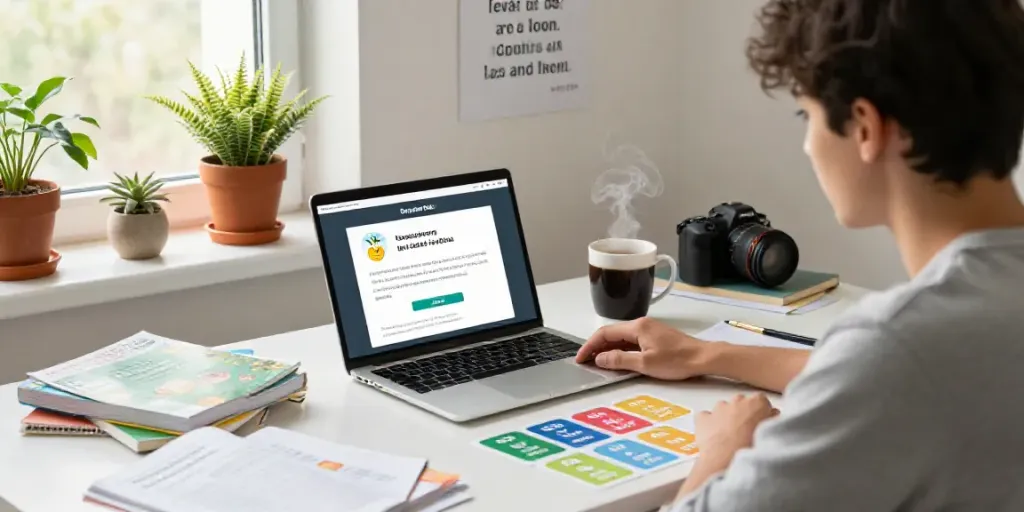 Dynamic online language learning setup showcasing Togel online education tools with study materials, flashcards, and a cozy atmosphere.