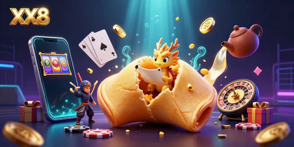 Experience the thrill of XX8 with a vibrant casino-themed illustration, featuring a golden fortune cookie and engaging gaming elements.