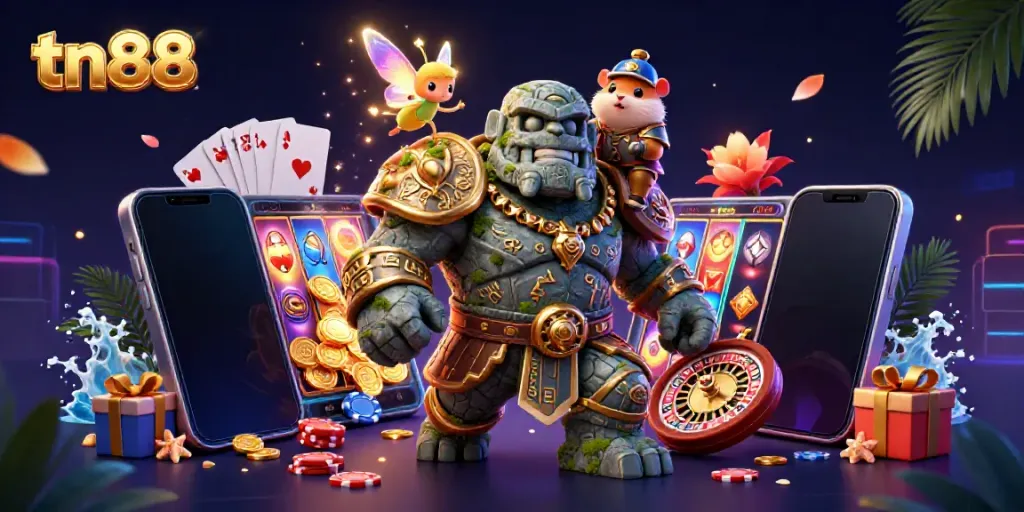 Experience thrill at tn88 with a dynamic illustration of a magical golem, fairy, and hamster knight surrounded by casino games.