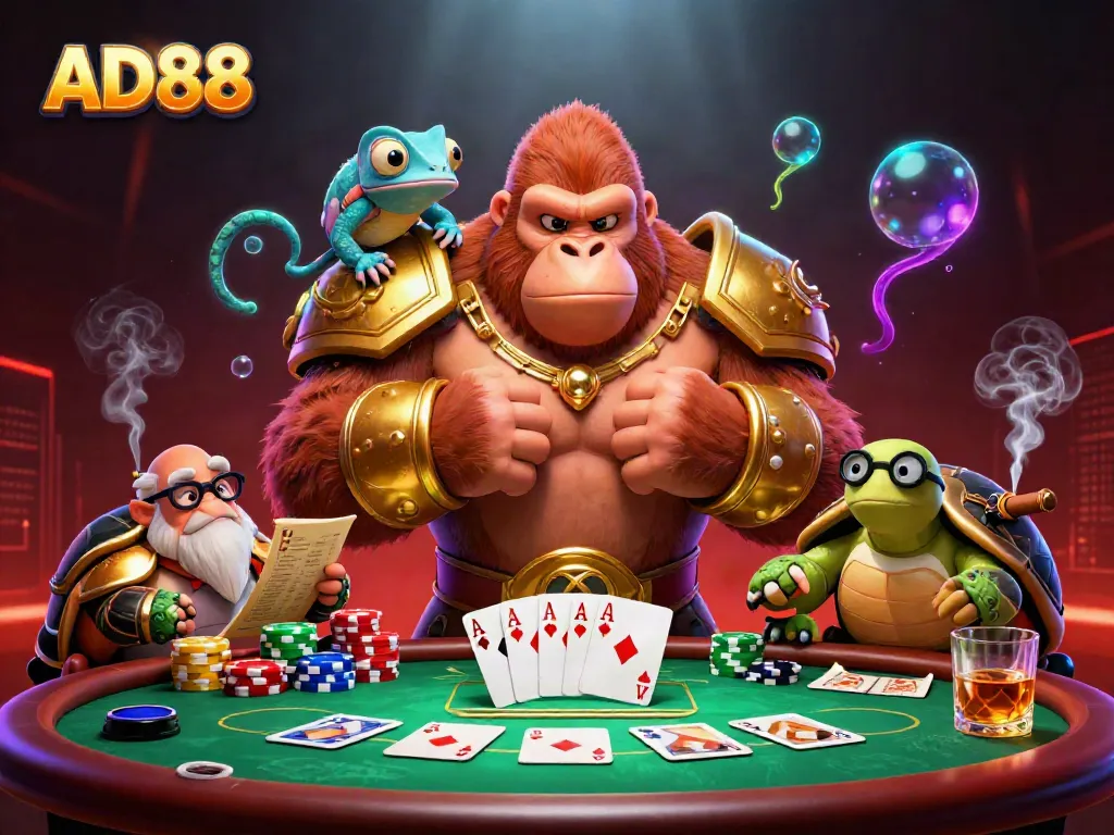 Engage in thrilling casino adventures with AD88, featuring vibrant 3D characters and dynamic poker elements.