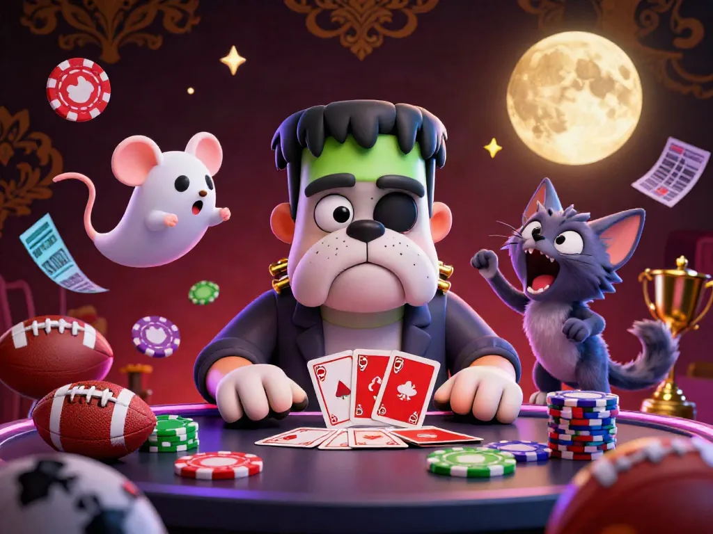 Xoilac transforms sports betting with a vibrant scene featuring a bulldog dealer and ghost mouse.