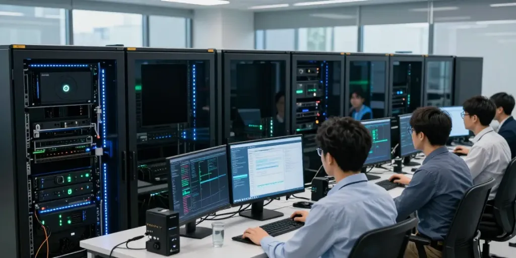 Engineers collaborating in a high-tech AI infrastructure data center, showcasing powerful GPU setups and advanced cooling systems.