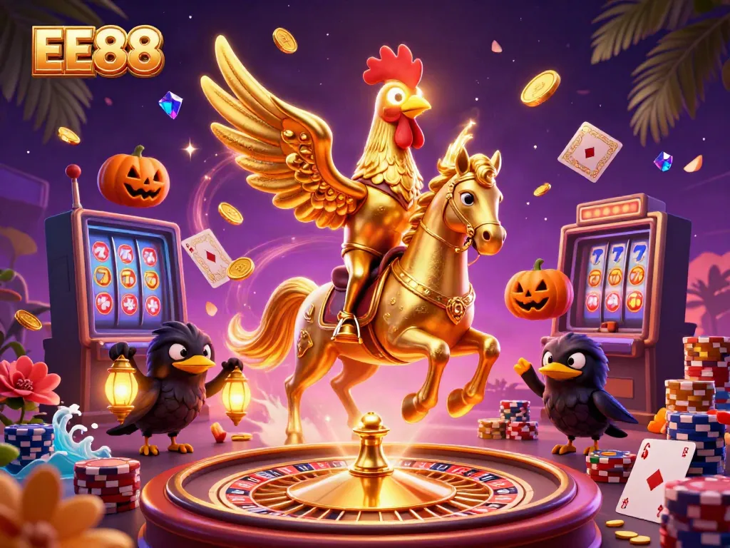 Experience thrilling gameplay at EE88 with a golden rooster and friends in a vibrant casino scene.
