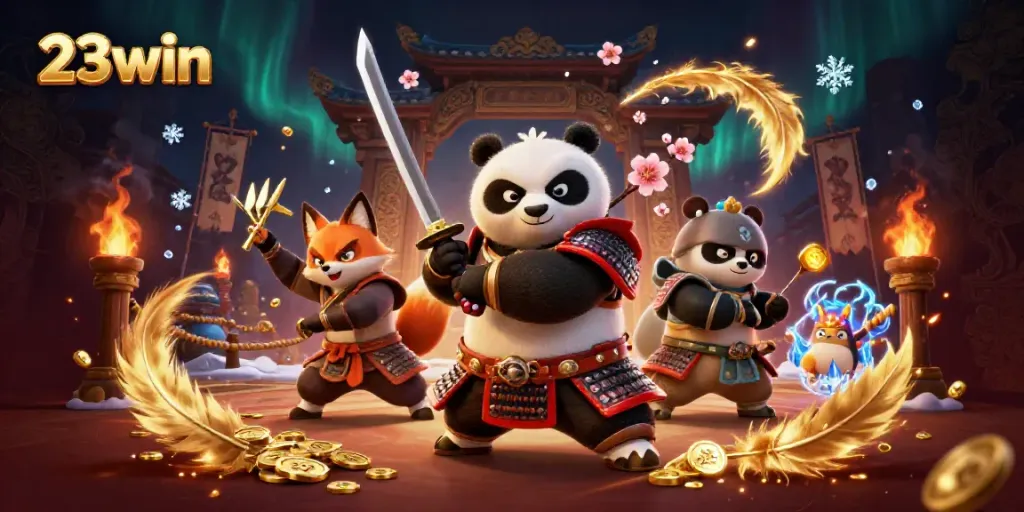 Experience thrilling moments at 23win with vibrant samurai panda and ninja fox in a dynamic 3D casino scene.