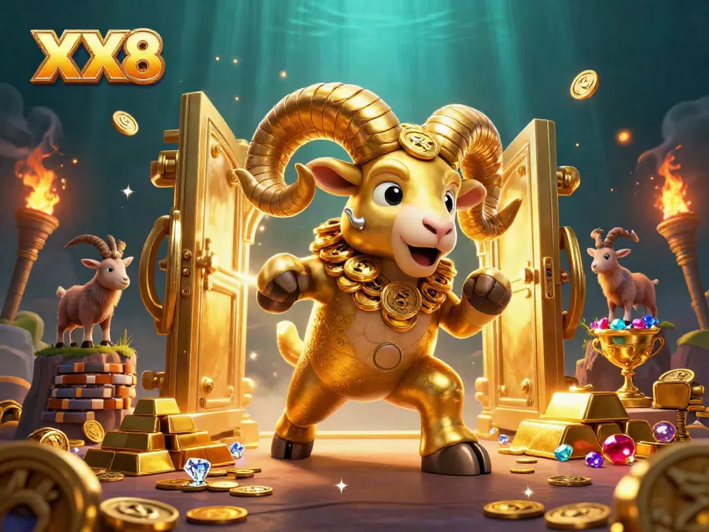 Experience the thrilling world of XX8 with a golden ram charging through opulent treasures in an exciting casino environment.