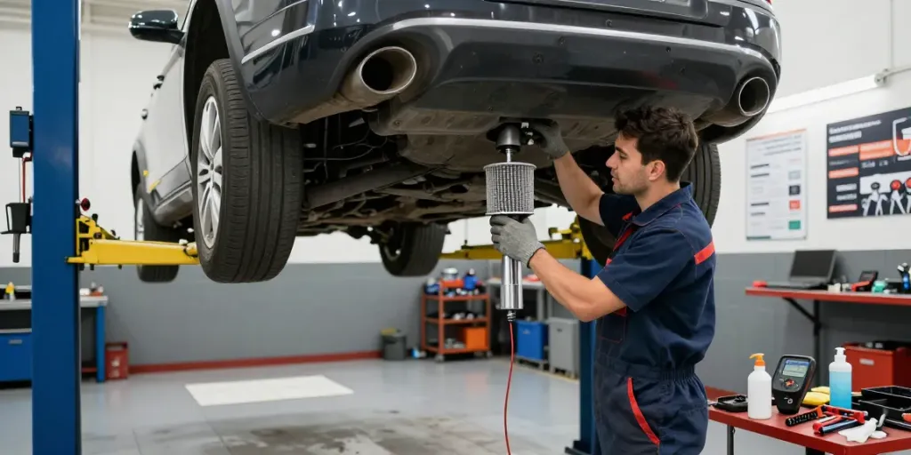 Professionelle DPF Reinigung in Hannover mit Mechaniker in Werkstatt.
