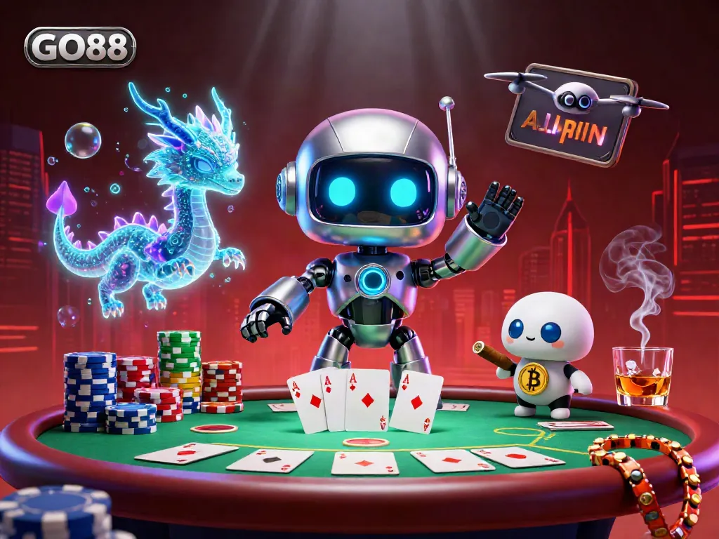 Experience the excitement of GO88 with a vibrant 3D casino scene featuring a robot, dragon, and drone around poker elements.