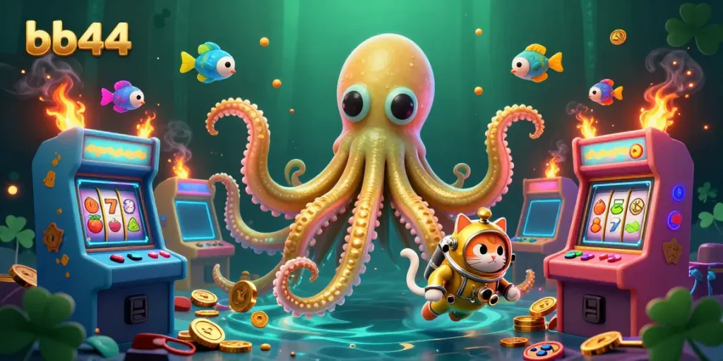 Experience the thrill of bb44 with a dynamic scene featuring a kraken, diving cat, and bioluminescent fish amidst classic casino elements.