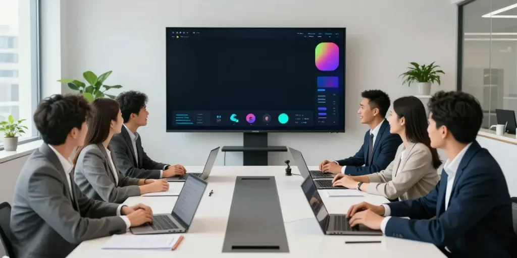 Deepfake-protected meetings with a diverse professional team collaborating in a secure conference room.