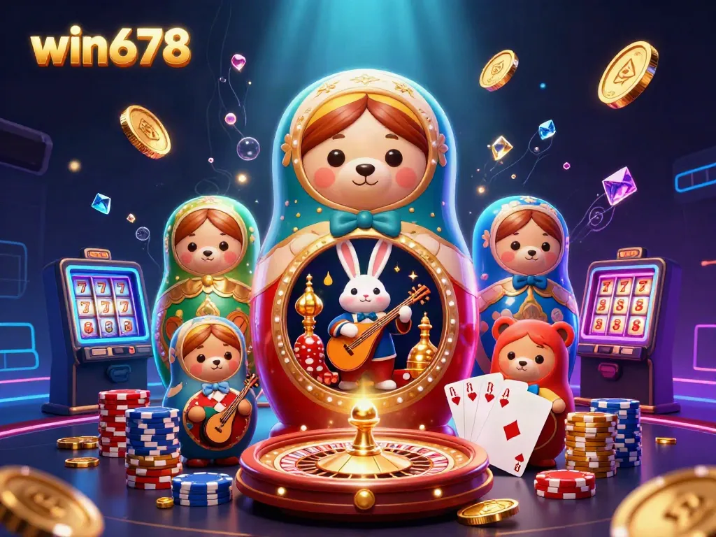 Experience thrilling wins with win678's lively casino-themed illustration featuring colorful characters.