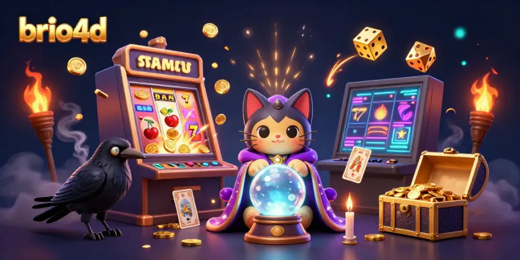 Play exciting bonus games at brio4d with a captivating 3D casino scene depicting jackpots and mystical characters.