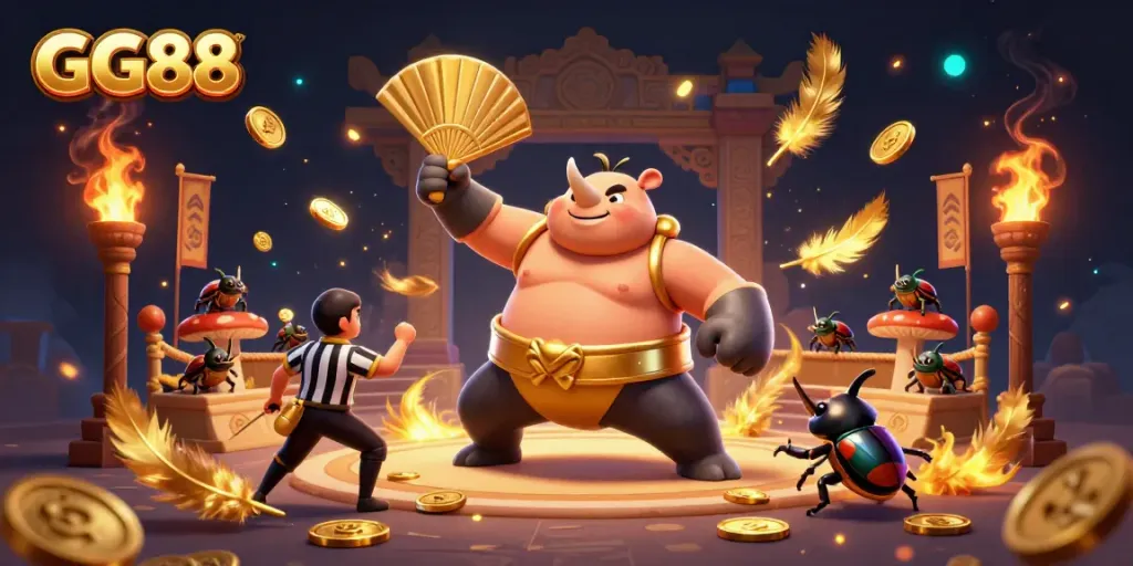 Experience high-stakes action in GG88 with the thrilling showdown featuring a sumo beetle champion.