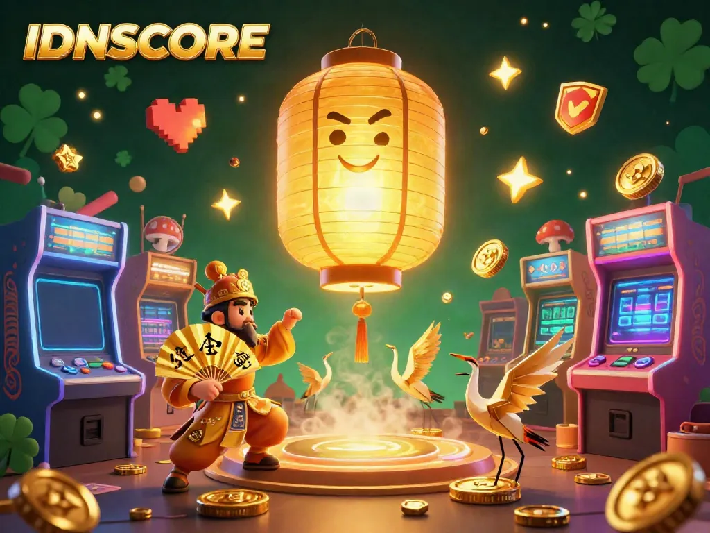 IDNSCORE showcases a vibrant night market casino scene featuring a golden lantern spirit and gaming excitement.