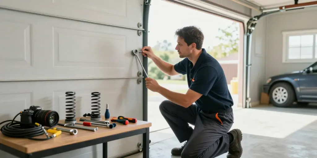 Technician inspecting a garage door for the best garage door repair near me in a well-lit garage.