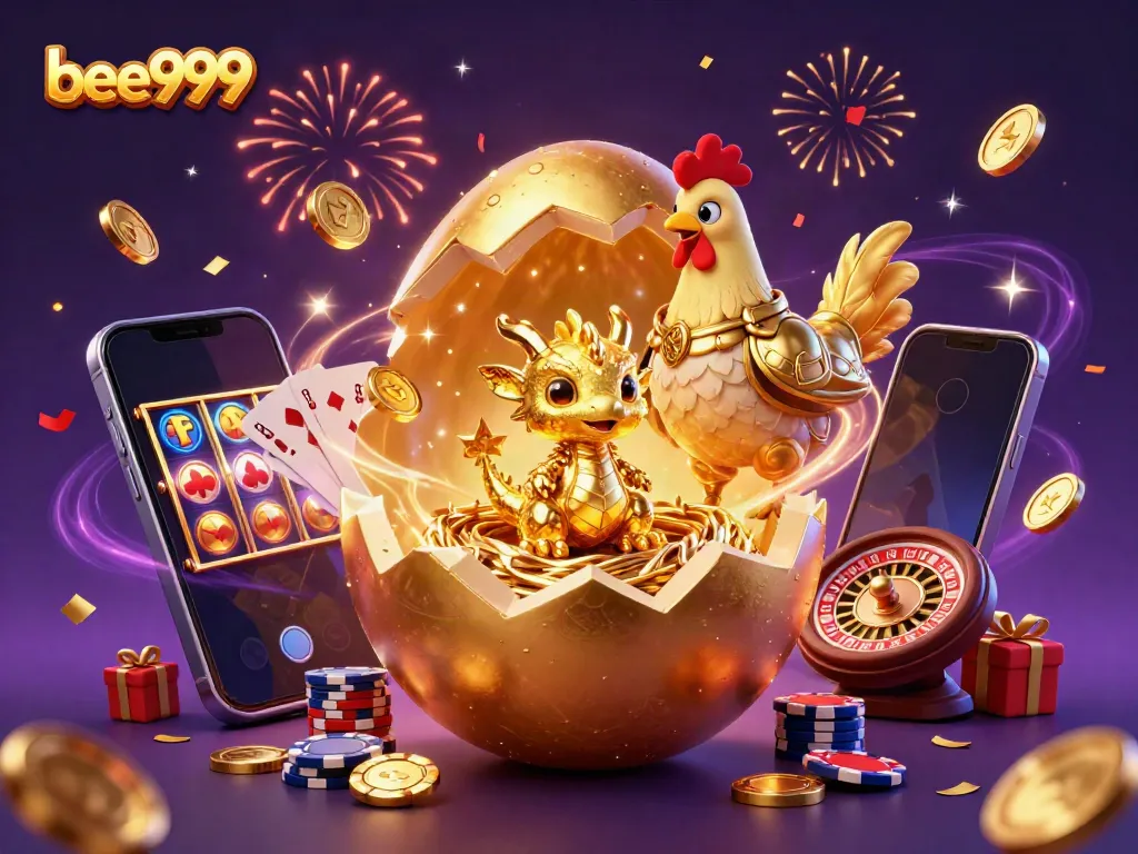 Bet on bee999 with excitement as the dragon emerges from a golden egg, surrounded by gambling elements.