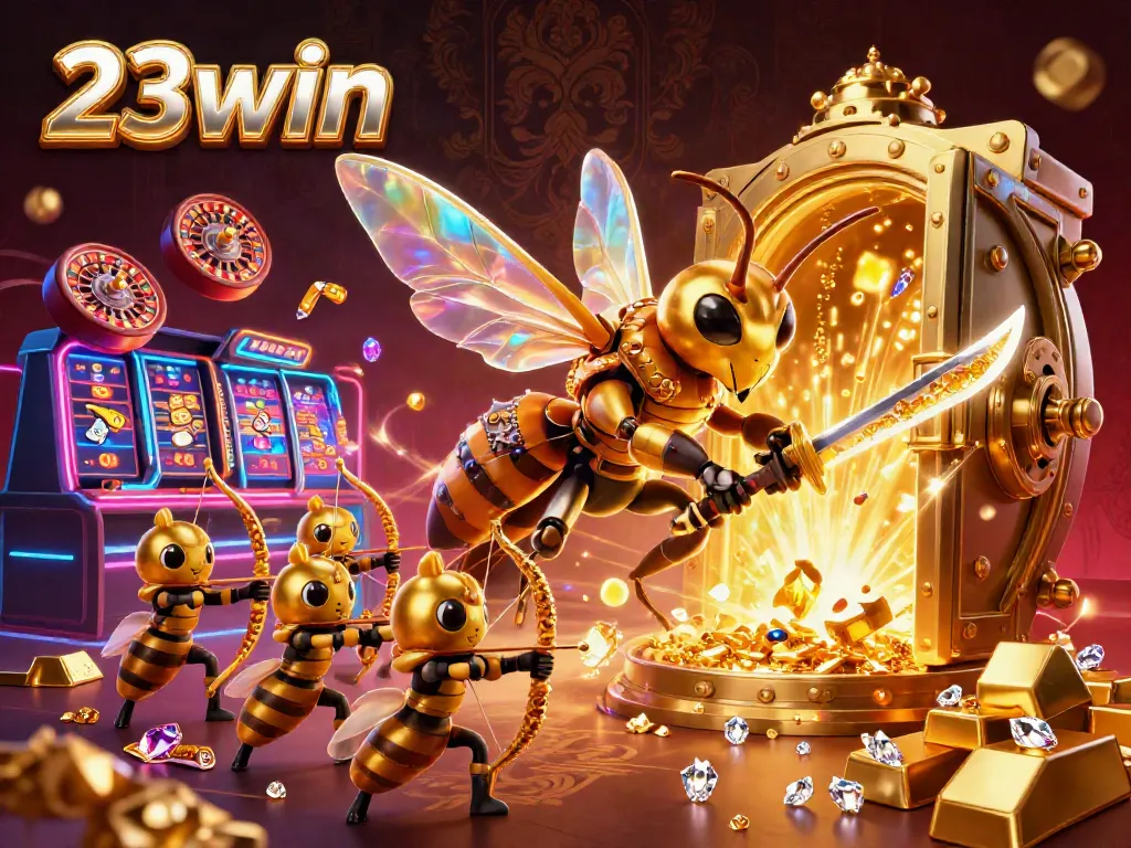 Experience the thrill of 23win gaming with a golden hornet warrior in a vibrant casino scene.