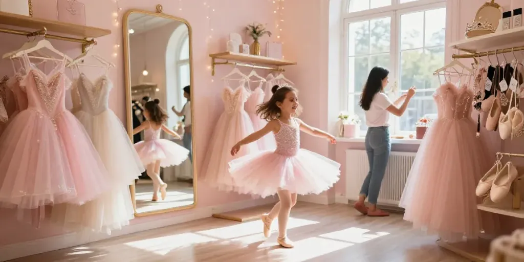 Joyful girl in a tutu at a vibrant tutu store full of colorful accessories.