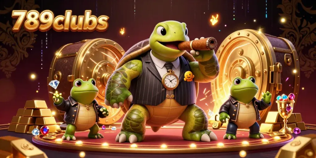 Experience the thrilling 789clubs atmosphere with a mobster turtle and bullfrog enforcers, surrounded by wealth in a vibrant casino.