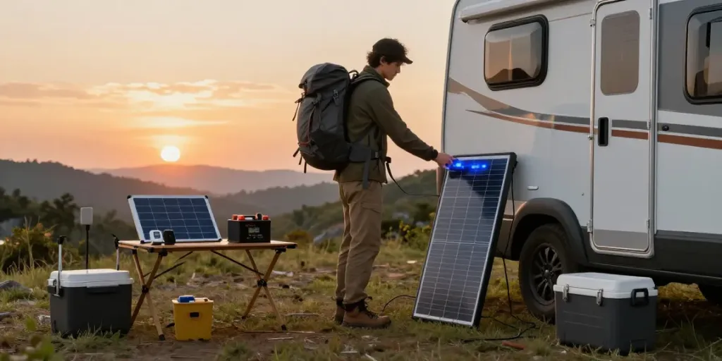 Traveler connecting a 12-volt battery to solar equipment during sunset.