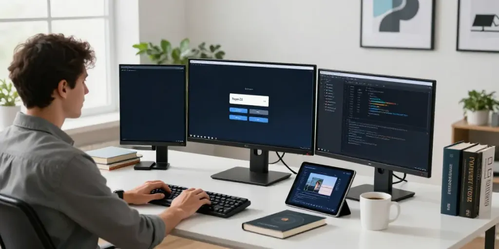 IT professional engaged in Super33 login process at a modern workspace.
