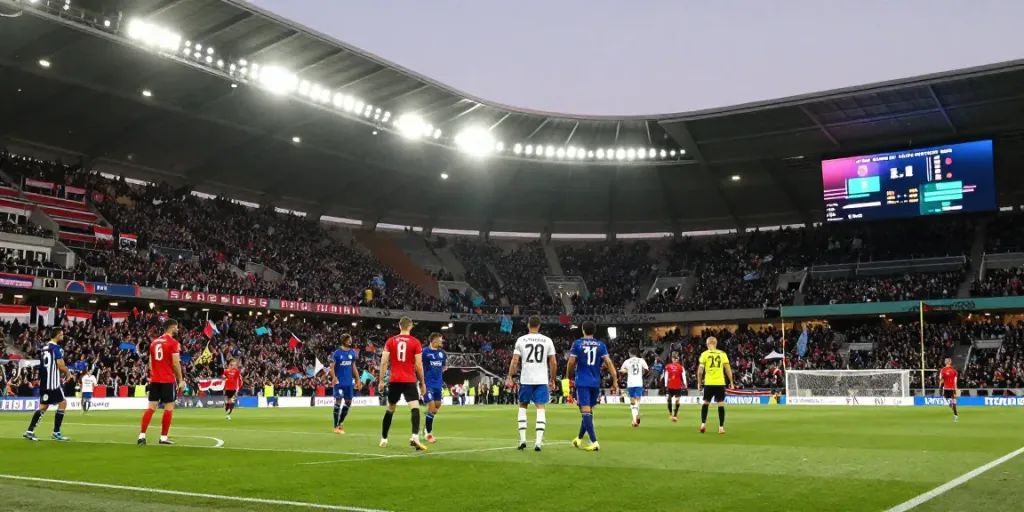 TOP10 นักเตะ celebrating a goal in a vibrant stadium atmosphere with fans.