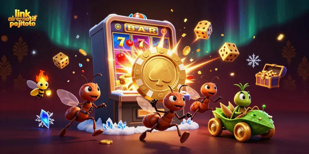 Experience the thrilling action of link alrernatif pajitoto with ants heisting a giant poker chip amidst casino symbols.