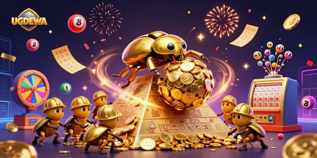 Engage with UGDEWA's vibrant casino scenes featuring a golden dung beetle surrounded by colorful lottery elements.
