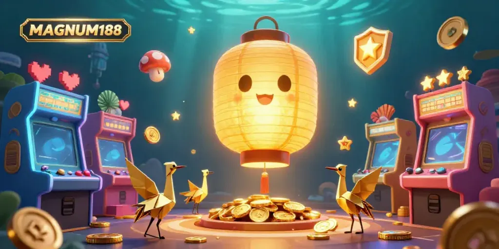 Experience the magic of MAGNUM188 in this vibrant 3D casino scene featuring a glowing lantern spirit.