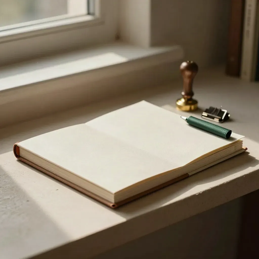 Blank business plan folio with swatch, clips, and brass seal in warm studio light.